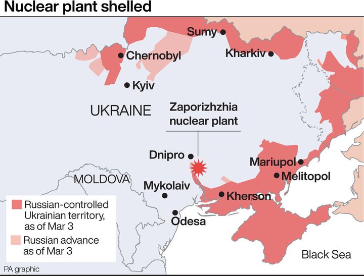 Zaporizhzhia nuclear plant is to the south of Ukraine, where Russian troops have been advancing