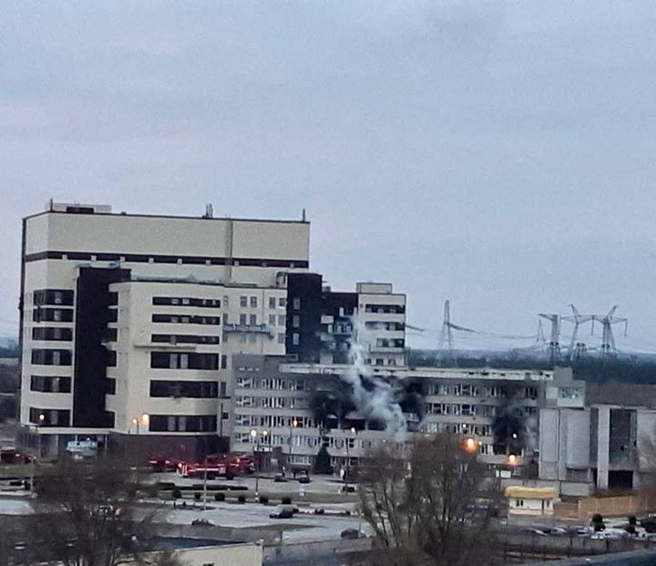 A view shows a damaged administrative building of the Zaporizhzhia nuclear power plant.