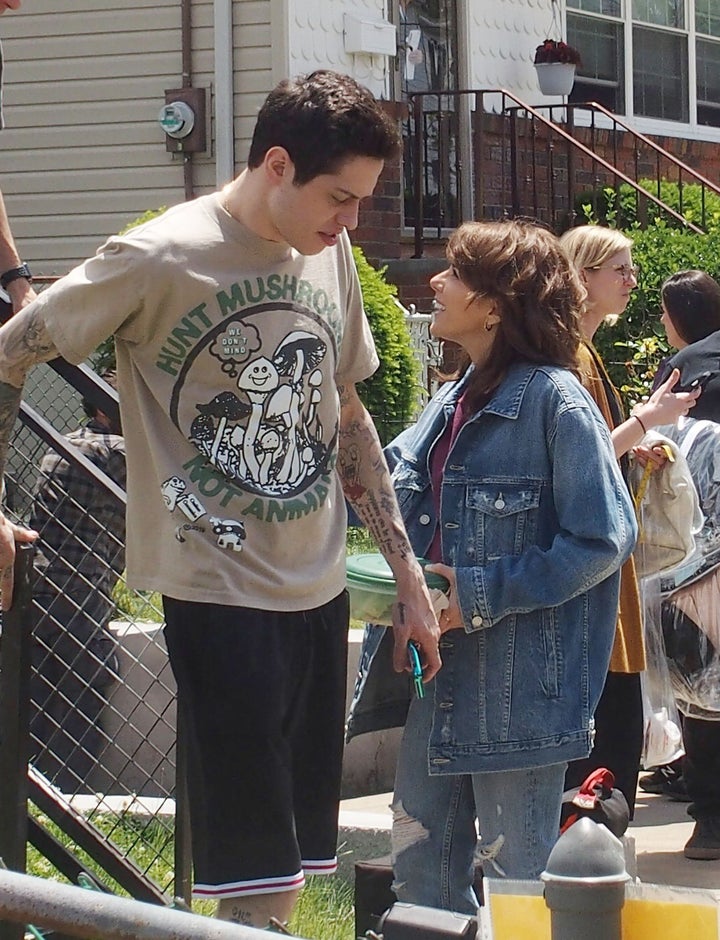 Pete Davidson (left) and Marisa Tomei on the "King of Staten Island" set in 2019. 