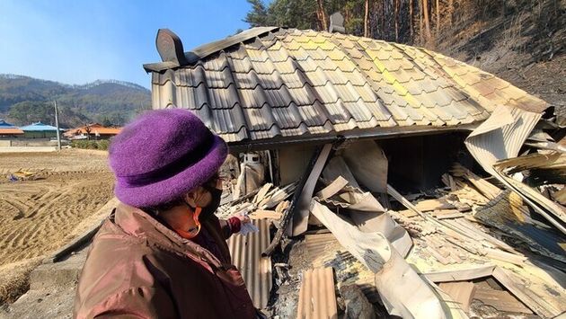 5일 오전 10시40분께 경북 울진군 검성리 마을주민 장옥선(81)씨가 화재로 내려앉은 자신의 집을 바라보고 있다. 박지영