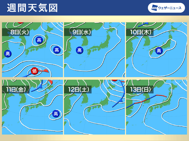 週間天気図 8日(火)〜13日(日)