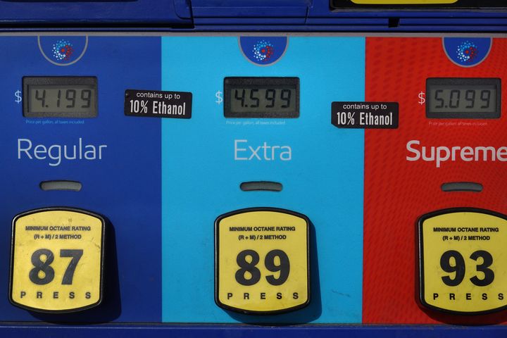 Gas prices are displayed on a pump at a gas station on March 03, 2022 in Belvidere, Illinois.