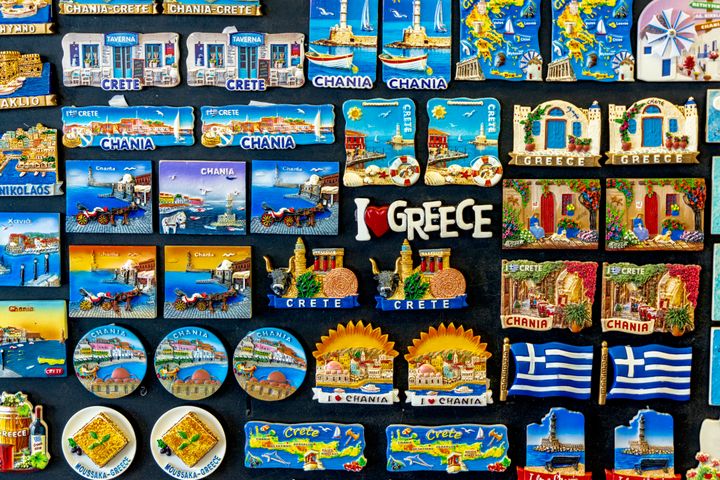 Souvenirs for tourists in the gift shops of Chania seaside town, Crete island, Greece