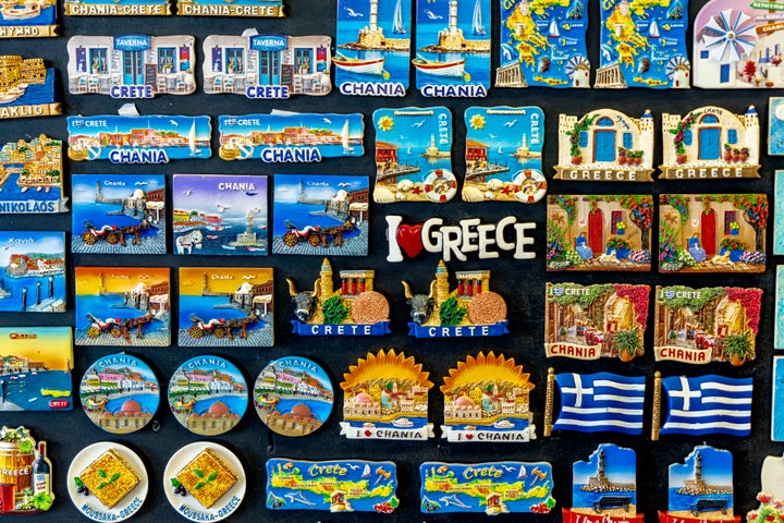 Souvenirs for tourists in the gift shops of Chania seaside town, Crete island, Greece