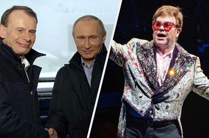 Andrew Marr during his meeting with Putin, and (right) Elton John