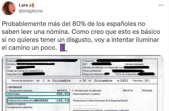 El tuit en el que se explica cómo leer una nómina.