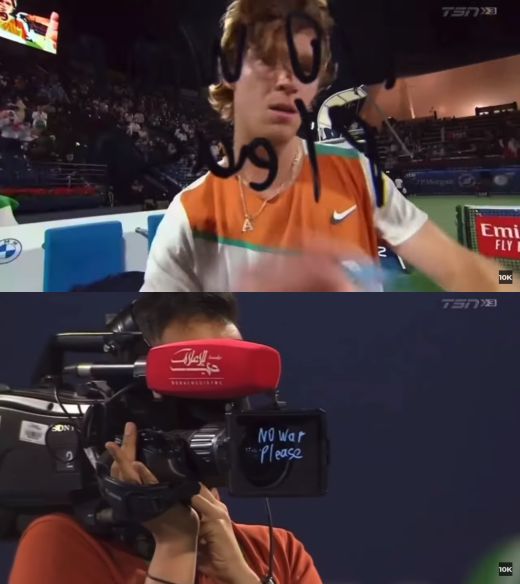 Russia's Andrei Rublev engraved 'No War Please' on camera during a match on February 26th