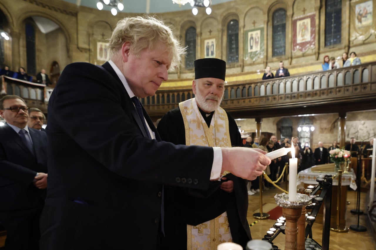 British Prime Minister Boris Johnson meets members of the Ukrainian community at the Ukrainian Catholic Cathedral, Mayfair