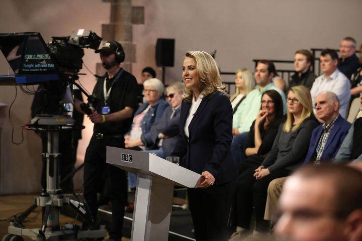 BBC presenter Sarah Smith pictured moderating the Scottish Leaders' debate in 2017