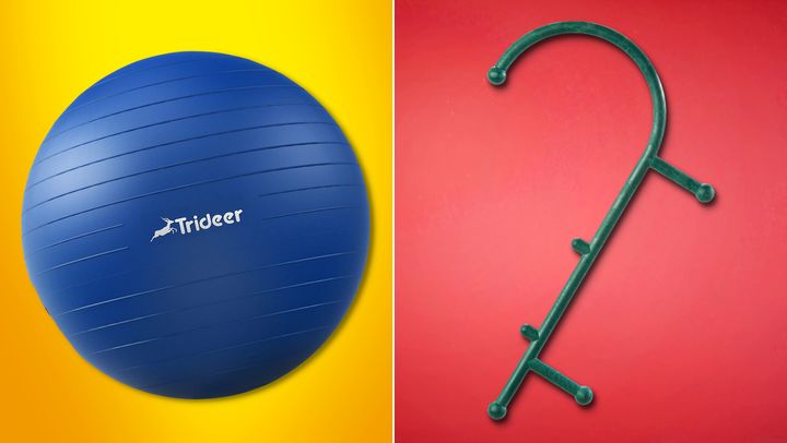 A Trideer exercise ball and Thera Cane massager.
