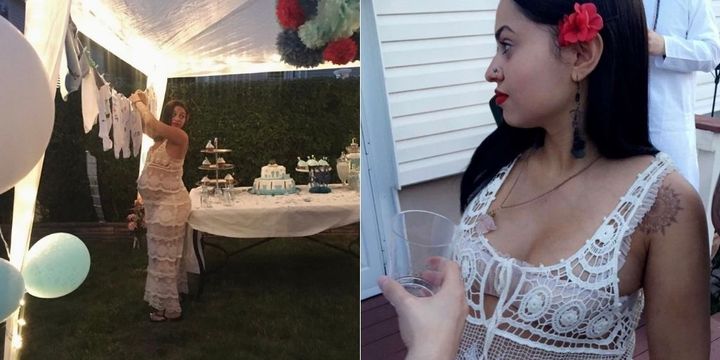 Perla Whyte of New Jersey wore a white crochet dress to her 2016 baby shower.