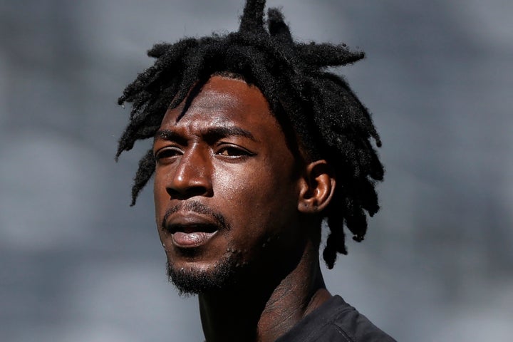 Atlanta Falcons wide receiver Calvin Ridley (18) warms up before an NFL football game against the New York Giants, Sunday, Sept. 26, 2021, in East Rutherford, N.J. Falcons wide receiver Calvin Ridley has been suspended for the 2022 season for betting on NFL games in the 2021 season. The suspension announced by NFL commissioner Roger Goodell on Monday, March 7, 2022, is for activity that took place while Ridley was away from the team while addressing mental health concerns.