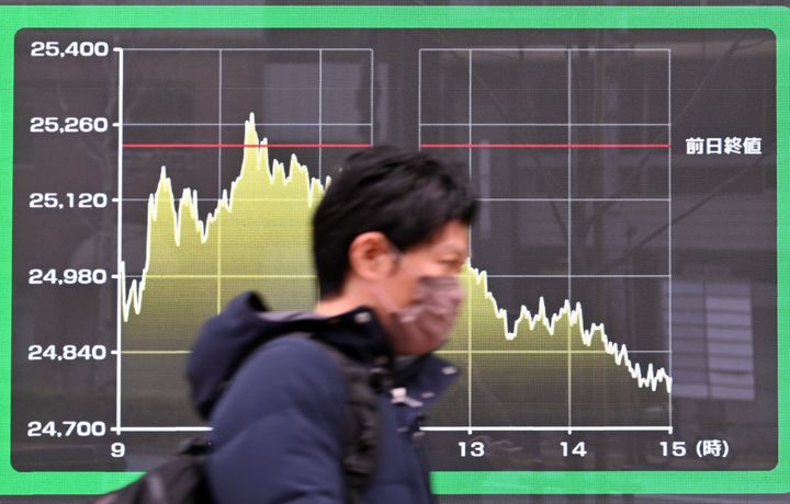 A pedestrian walks past an electronic board displaying a graph of daily share price movements on the Tokyo Stock Exchange in Tokyo on March 8, 2022.