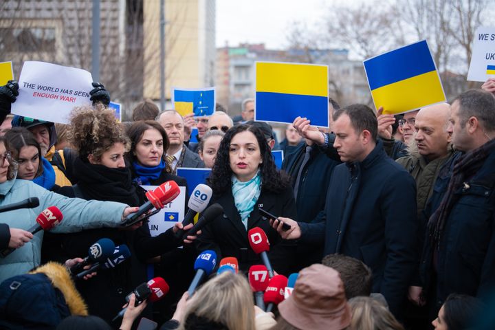 President Vjosa Osmani speaks at a pro-Ukraine rally in Mother Teresa square, Pristina. Osmani said the war in Ukraine had brought back 'personal' and 'painful' memories for the people of Kosovo.