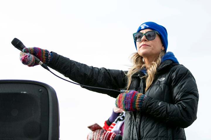 Greta Callahan, of the Minneapolis Federation of Teachers, speaks to Twin Cities teachers and their supporters Saturday, Feb. 12, 2022 in Minneapolis. (Hannah Hobus/Pioneer Press via AP)