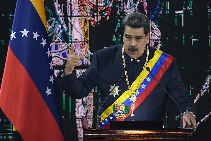 Venezuelan President Nicolas Maduro speaks during a ceremony marking the start of the judicial year at the Supreme Court in Caracas, Venezuela, on Jan. 27, 2022.