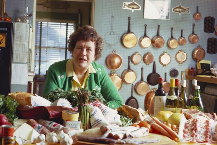 The late Julia Child in her home kitchen in Cambridge, Massachusetts, in 1972, with an eye-catching peg board.