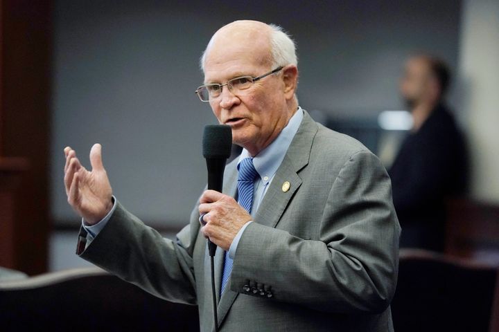 Florida Sen. Dennis Baxley, sponsor of a bill, dubbed by opponents as the "Don't Say Gay" bill, speaks right before the bill was voted on during a legislative session at the Florida State Capitol, Tuesday, March 8, 2022, in Tallahassee, Fla. (AP Photo/Wilfredo Lee)