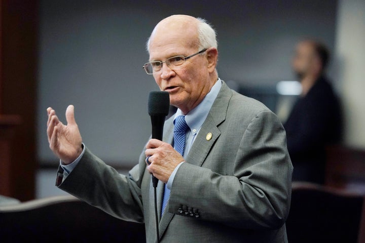 Florida Sen. Dennis Baxley, sponsor of a bill, dubbed by opponents as the "Don't Say Gay" bill, speaks right before the bill was voted on during a legislative session at the Florida State Capitol, Tuesday, March 8, 2022, in Tallahassee, Fla. (AP Photo/Wilfredo Lee)