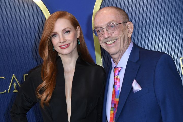 Jessica Chastain (left) and Steve Pieters at the 2022 Oscar nominees luncheon in Los Angeles. 