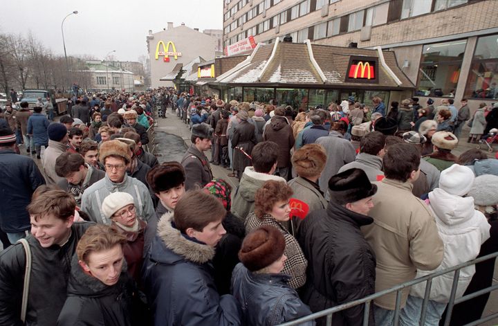 Hundreds of Muscovites line up around the first McDonald's restaurant in the Soviet Union on its opening day.