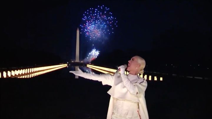 Katy Perry performs her hit song "Firework" during the Celebrating America Primetime Special on Jan. 20, 2021.