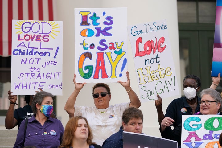 Demonstrators gather in Tallahassee, Florida, on March 7 in opposition of the "Don't Say Gay" bill.