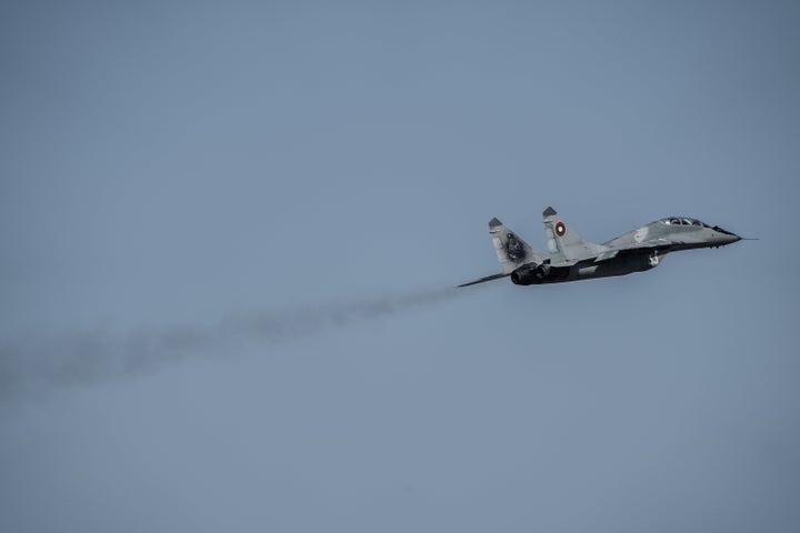 A Bulgarian Air Force MiG-29 performs during a joint exercise with its Spanish counterpart on Feb. 17 amid heightened tensions in Europe.