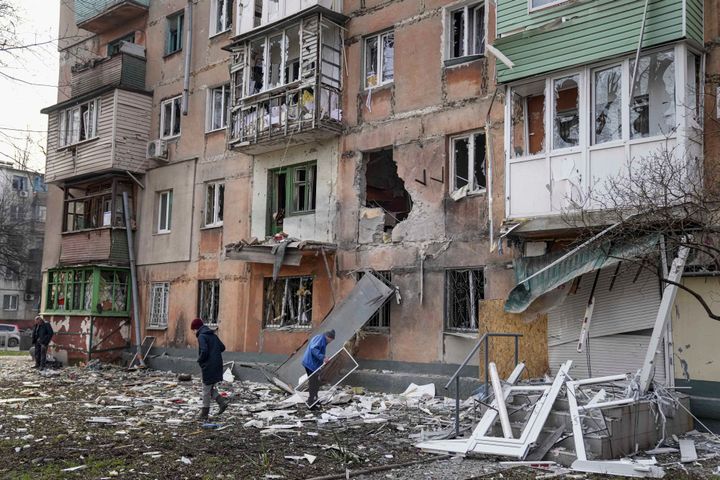 An apartment building hit by shelling in Mariupol on March 7.