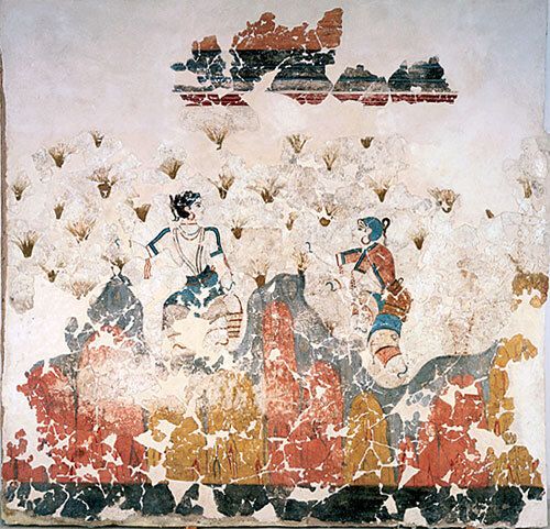 Τοιχογραφία από το Ακρωτήρι της Σαντορίνης, που χρονολογείται από την εποχή του Χαλκού, όπου απεικονίζονται συλλέκτες κρόκου Κοζάνης. 