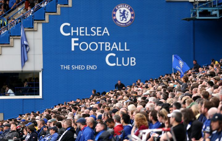 Chelsea fans during a Premier League match at Stamford Bridge.