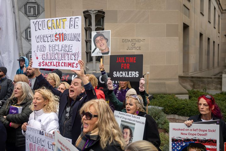 People who lost loved ones due to the opioid epidemic rallied at the Department of Justice in Washington, D.C. in December. The demonstrators called on Attorney General Merrick Garland and Deputy AG Lisa Monaco to bring criminal charges against members of the Sackler family. 