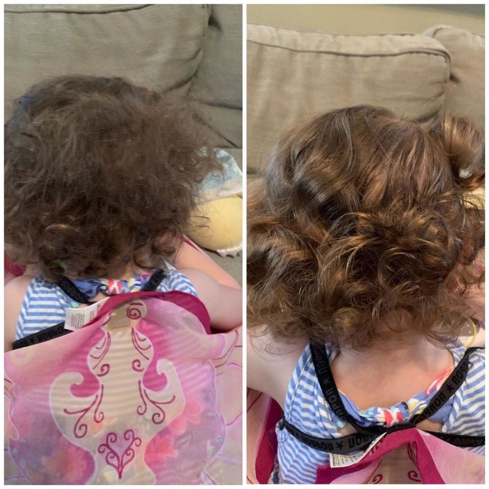A leave-in conditioning spray for curly-haired and tender-headed tots