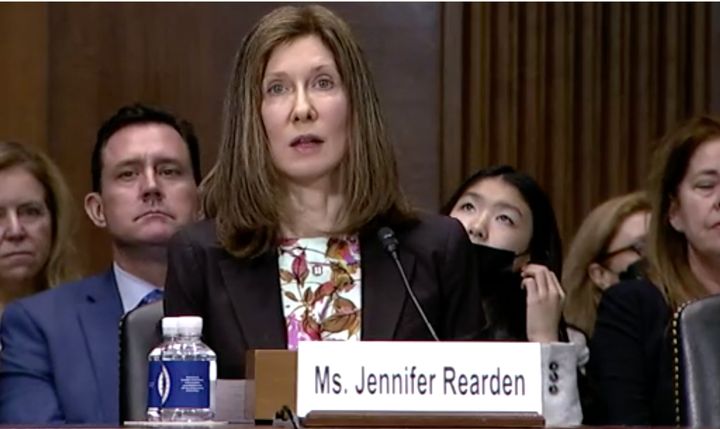 U.S. District Court nominee Jennifer Rearden testifies at a confirmation hearing before the Senate Judiciary Committee on March 2.