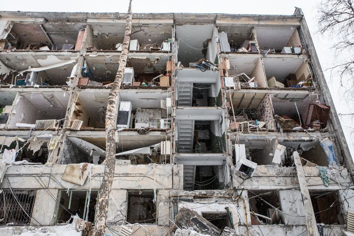 Bombed buildings in the residential neighborhood near Kharkiv Metro Station in Kharkiv, Ukraine. 