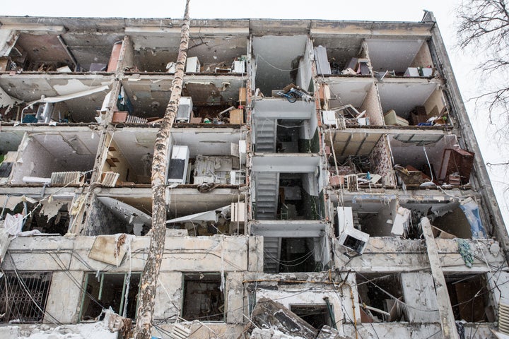 Bombed buildings in the residential neighborhood near Kharkiv Metro Station in Kharkiv, Ukraine.