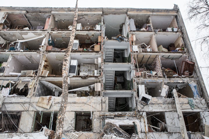 Bombed buildings in the residential neighborhood near Kharkiv Metro Station in Kharkiv, Ukraine. 