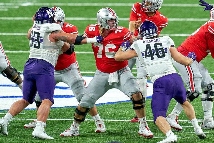 Harry Miller (76) blocks during Ohio State's Big Ten Championship Game against Northwestern in December 2020.