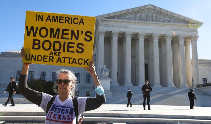 Abortion rights advocates protest outside of the U.S. Supreme Court on Nov. 1, 2021.