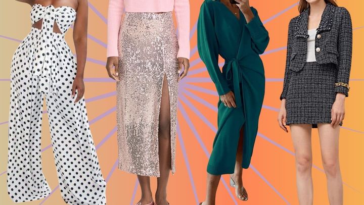 Find statement pieces for your wardrobe for any occasion like this fun wide-legged play suit,sequin maxi skirt, sweater wrap dress and two-piece tweed blazer and miniskirt set.