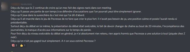 Un cybermilitant de Zemmour exprimant sa déception durant le débat entre son candidat et Valérie