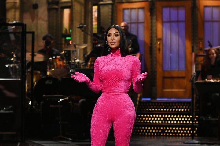 Kim Kardashian pictured delivering her monologue on "Saturday Night Live" on Oct. 9, 2021, in New York City.