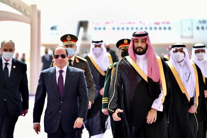 Egyptian President Abdel Fattah Al-Sisi, left, is welcomed by Crown Prince of Saudi Arabia Mohammed bin Salman, right, in Saudi Arabia on March 8.