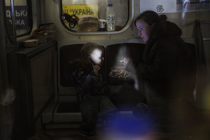 Ukrainian civilians use a city subway station as a bomb shelter in Kyiv, Ukraine on March 13, 2022.