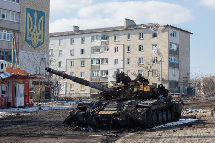 A view of burned tank is seen amid Russian-Ukrainian conflict in the city of Volnovakha, Donetsk Oblast, Ukraine on March 12, 2022. 