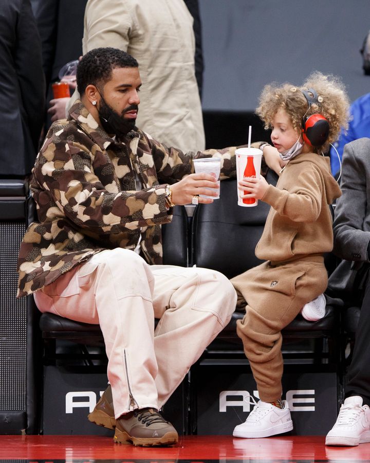 Drake and his son Adonis at a game between the host Toronto Raptors and the Chicago Bulls at Scotiabank Arena on Feb. 3.