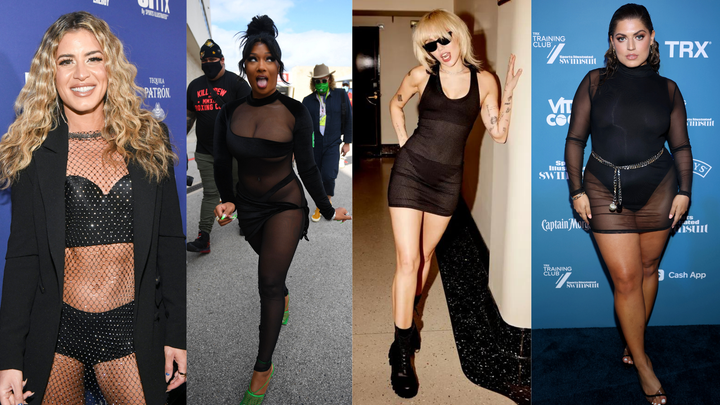 Peleton instructor Kendall Toole, Megan Thee Stallion, Miley Cyrus and Sports Illustrated swimsuit model Gabriella Halikas rocking mesh and fishnet looks.