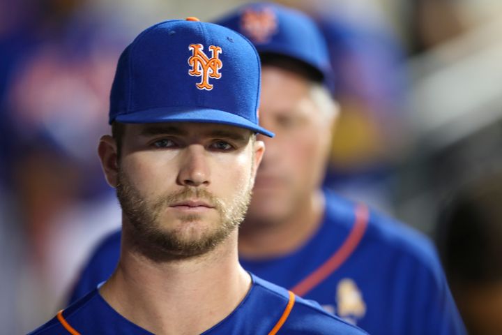 New York Mets first baseman Pete Alonso said he was unhurt when his car flipped over in an accident in Tampa on Sunday. (AP Photo/Mary Altaffer)