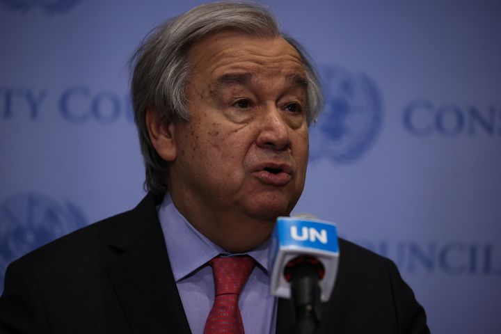 Secretary-General of the United Nations Antonio Guterres speaks to press about war in Ukraine at the Security Council Stakeout of U.N. headquarters in New York City, United States on March 14, 2022.