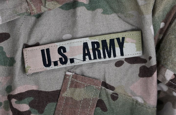 A U.S. army sign is pictured on a soldier's uniform at the United States Army military training base in Grafenwoehr, southern Germany, on March 11, 2022.